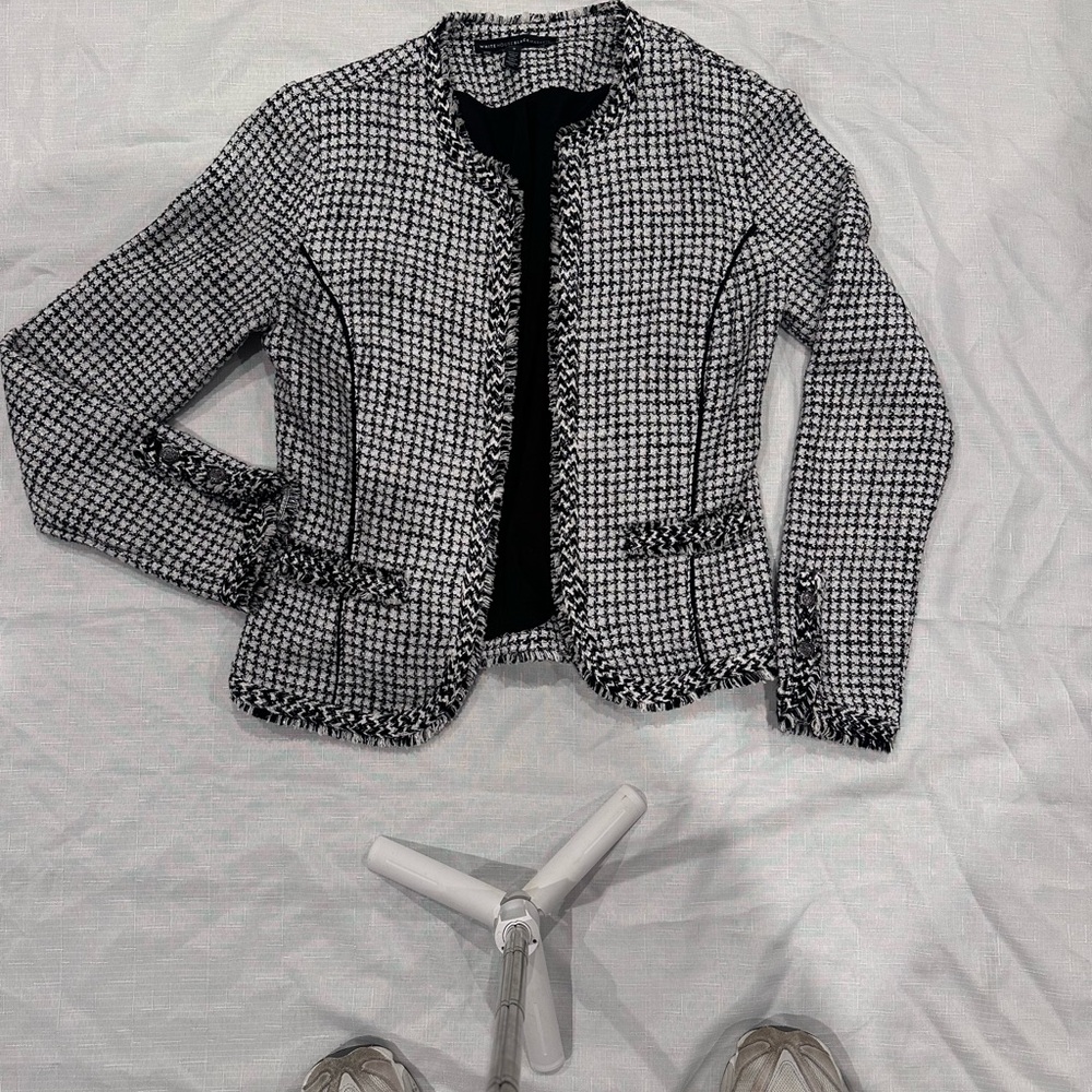 White House Black Market Black and White Checkered Blazer with Fringe